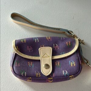 Dooney & Bourke Purple Clutch with Logo Pattern and Wrist Strap